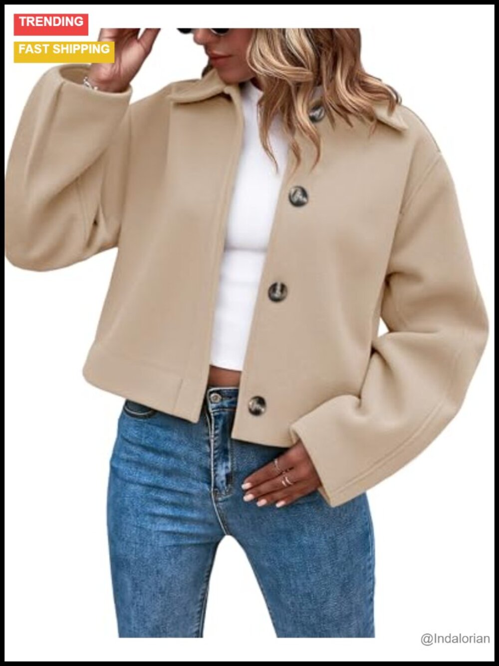 Cropped Wool Blend Pea Coat Button Down Lapel Collar Long Sleeve Women's